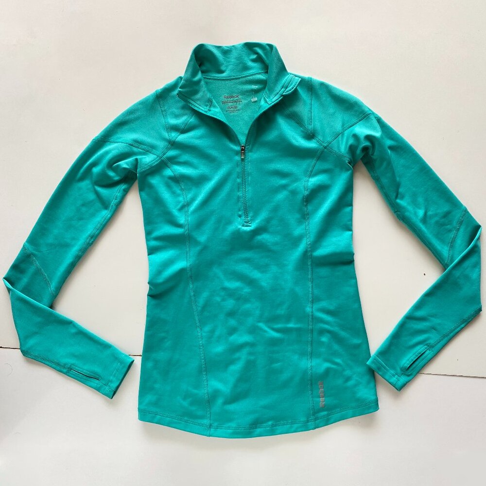 Reebok Running Pullover Women's XS Green 1/4 Zip Pocket Sleeve Athletic Stretch